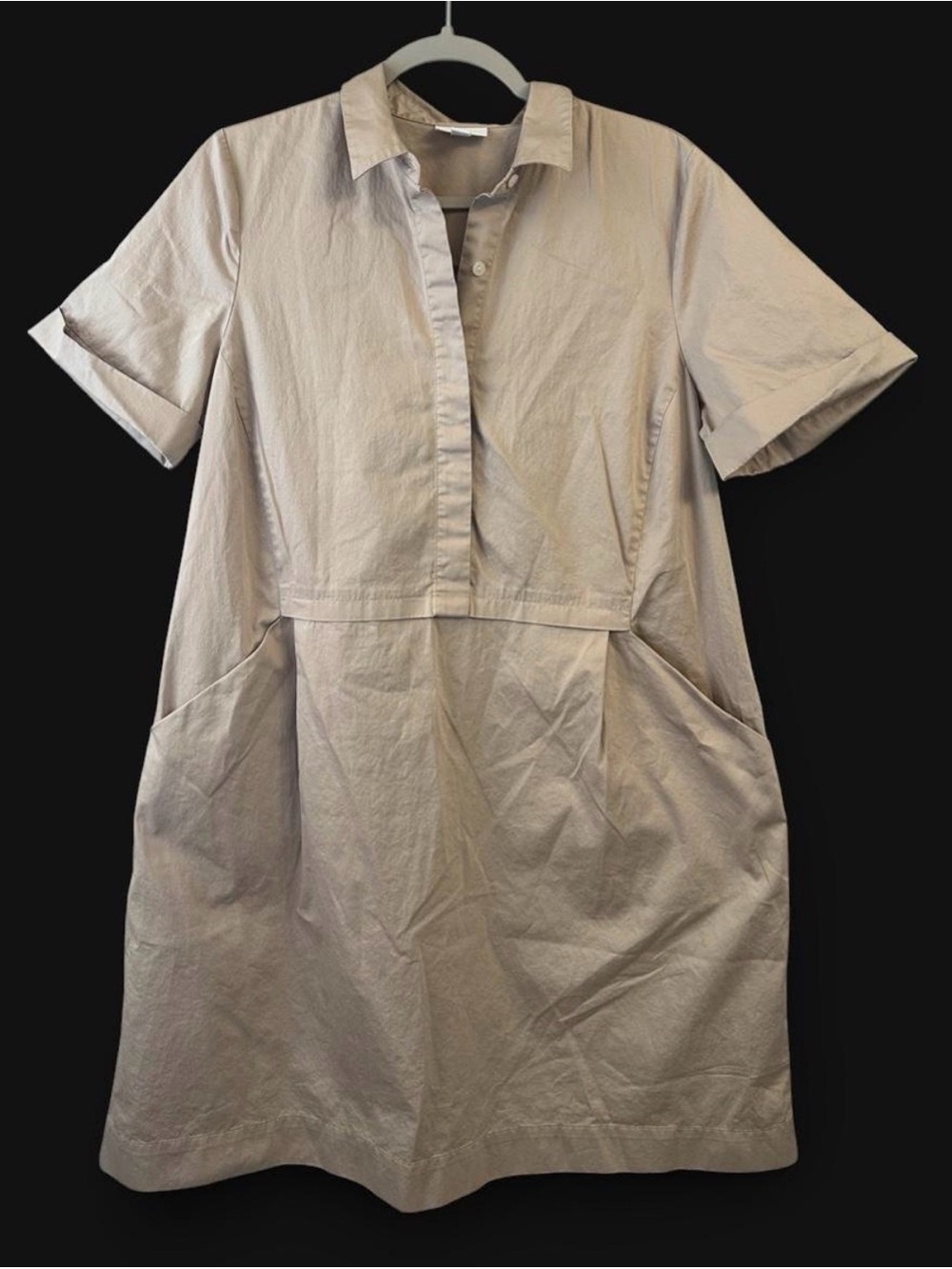 Beige Short-Sleeve Collared Shirt Dress - Button Front, Drop Waist, Pockets